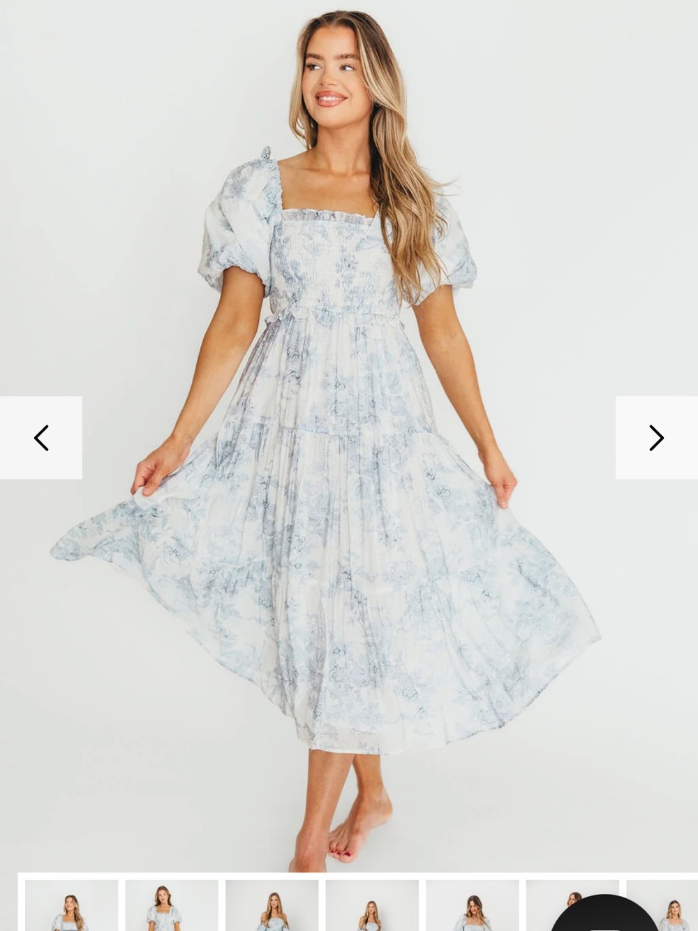 Elena Floral Print Smocked Midi Dress in Blue